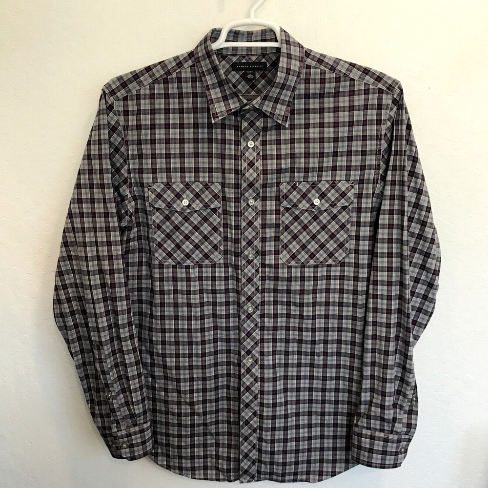 Banana Republic Men Shirt Sz L 16-16.5 Plaid Button Down Long Sleeve 100% Cotton